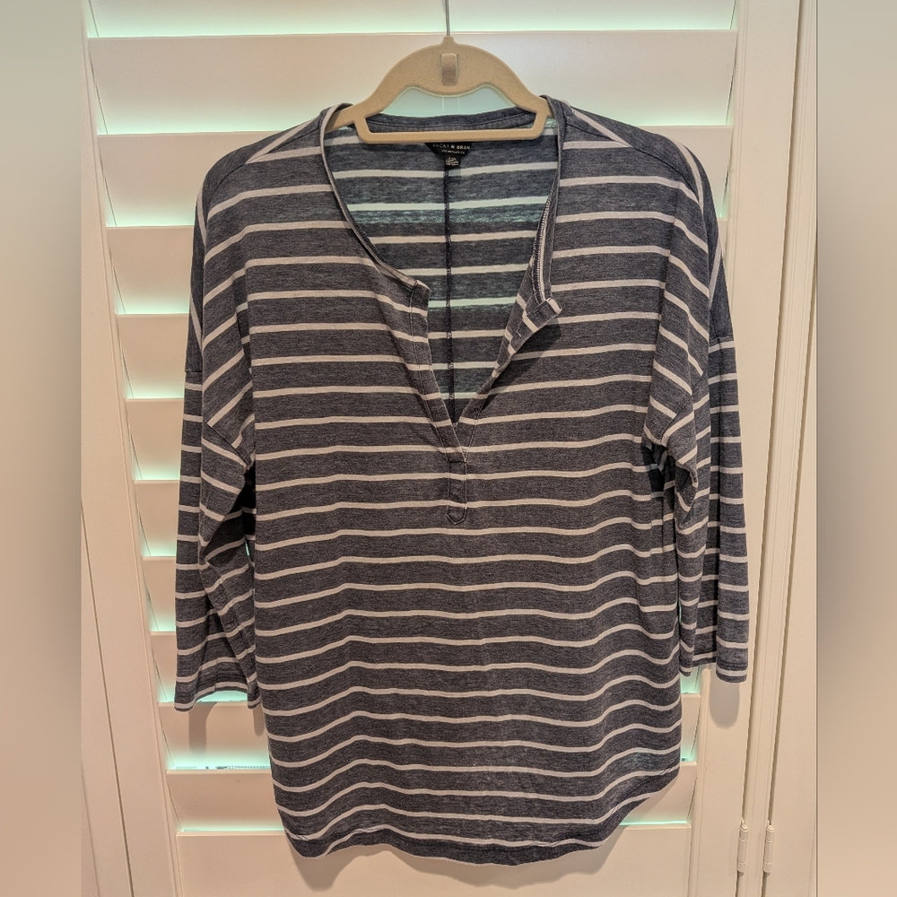 Lucky Brand Blue & White Striped 3/4 Length Sleeve Tee